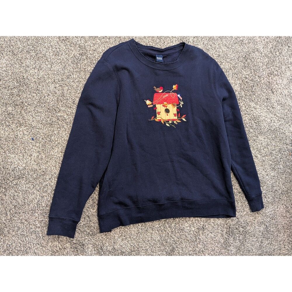 Basic Editions Navy Embroidered Birdhouse Crewneck Sweatshirt Cottagecore Fall